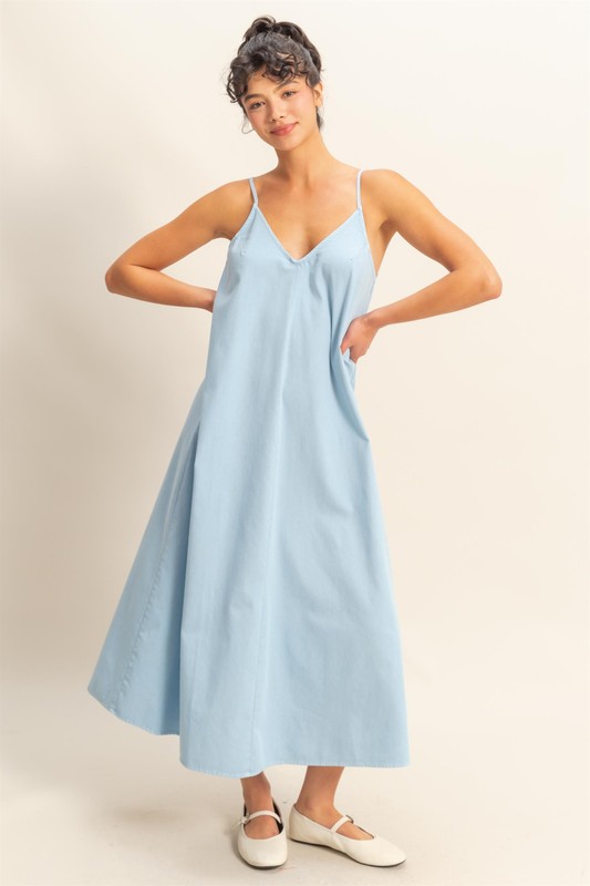 Dyed V-Neck Loose Dress - Baby Blue