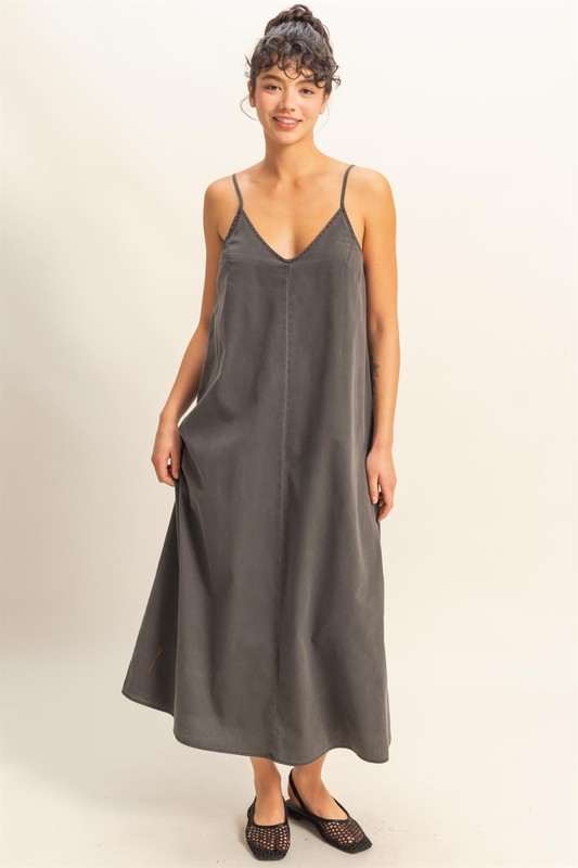 Dyed V-Neck Loose Dress - Black