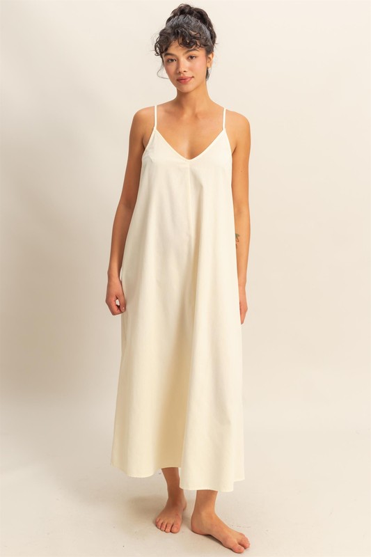 Dyed V-Neck Loose Dress - Cream