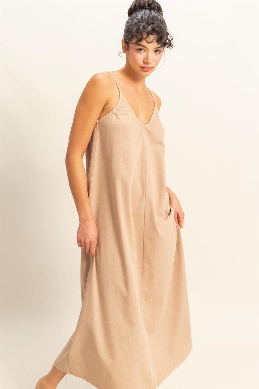 Dyed V-Neck Loose Dress - Dark Taupe