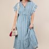 Embroidered Boho Ruffled Midi Dress - Blue