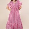 Embroidered Boho Ruffled Midi Dress - Fuchsia