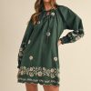 Embroidered Long Sleeve Peasant Mini Dress - Hunter Green