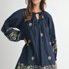Embroidered Long Sleeve Peasant Mini Dress - Navy