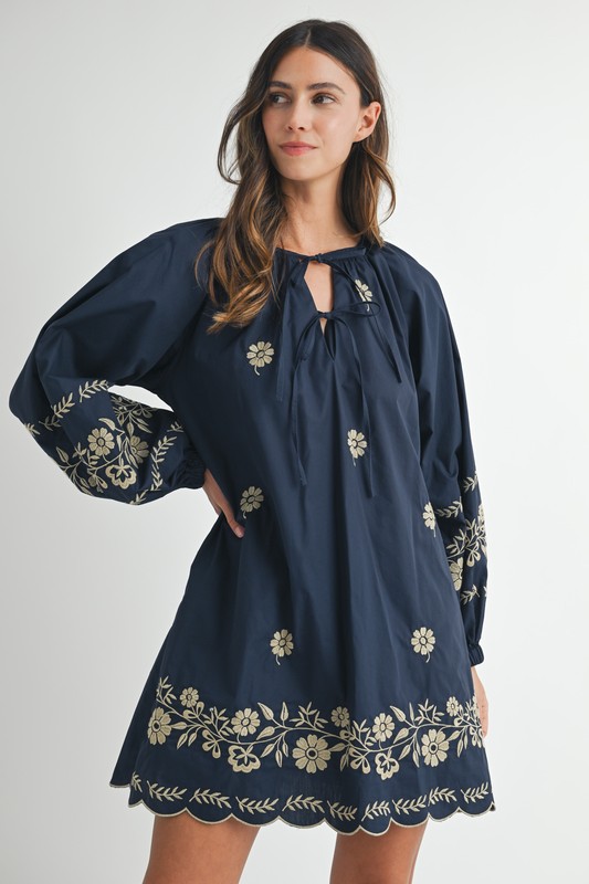 Embroidered Long Sleeve Peasant Mini Dress - Navy