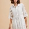 Embroidered Scallop Edge Detail Mini Shirt Dress - Ivory