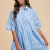 Embroidered Scallop Edge Detail Mini Shirt Dress - Sky