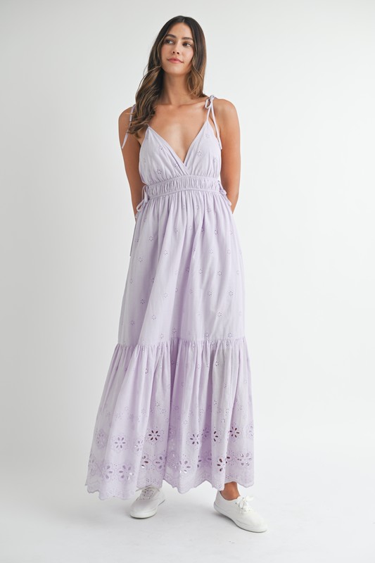 Eyelet Lace Maxi Dress With Side Strap Details - Lavender