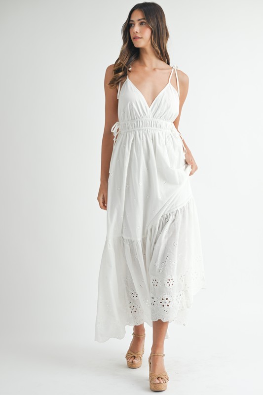 Eyelet Lace Maxi Dress with Side Strap Details - Off White