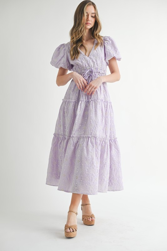 Eyelet Lace Puff Sleeve V Neck Midi Dress - Lavender