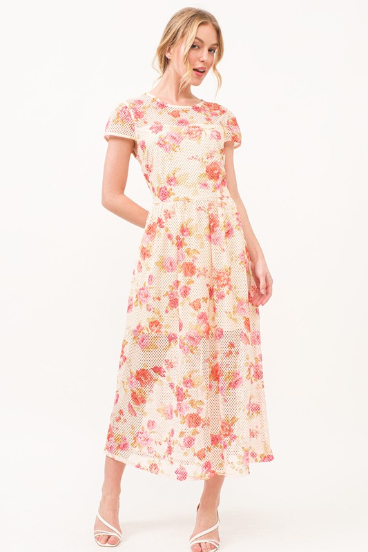 Fish-Net Floral Printed Midi Dress - Multi