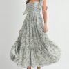 Floral Bust Ruched Midi Dress with Shoulder Tie - Lt Sage