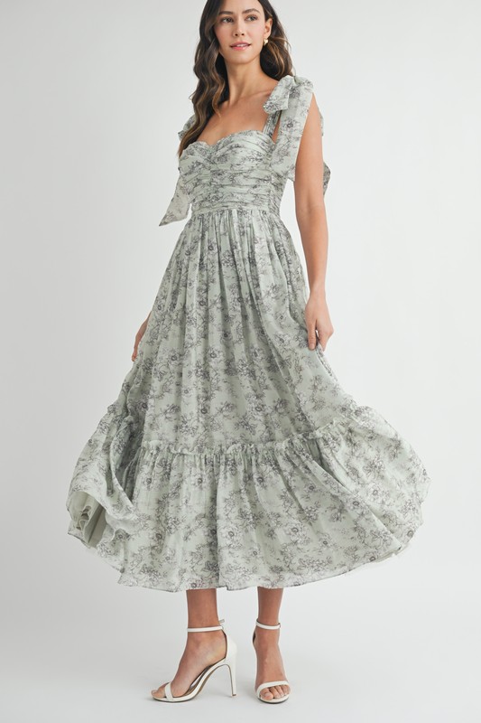 Floral Bust Ruched Midi Dress with Shoulder Tie - Lt Sage