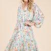 Floral Cinched Waist Balloon Sleeve V-Neck Dress - Ivory Floral