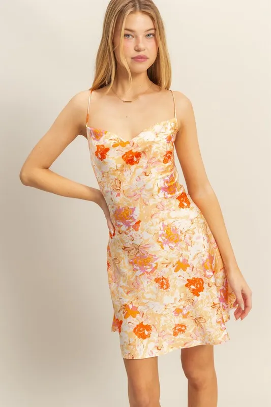 Floral-Cowl-Neck-Flirty-Satin-Mini-Dress-Orange-1