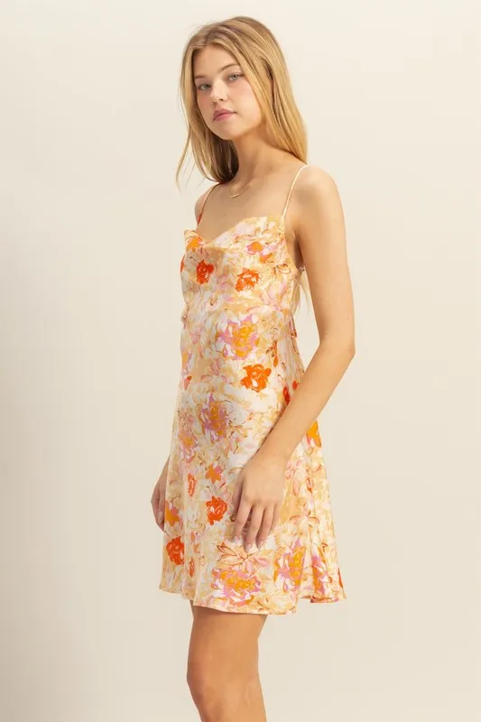 Floral-Cowl-Neck-Flirty-Satin-Mini-Dress-Orange-2