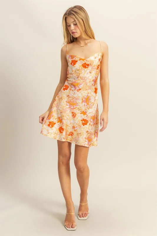 Floral-Cowl-Neck-Flirty-Satin-Mini-Dress-Orange-4