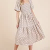 Floral Embroidered Smocked Puff Sleeve Tiered Midi Dress - Dust Storm