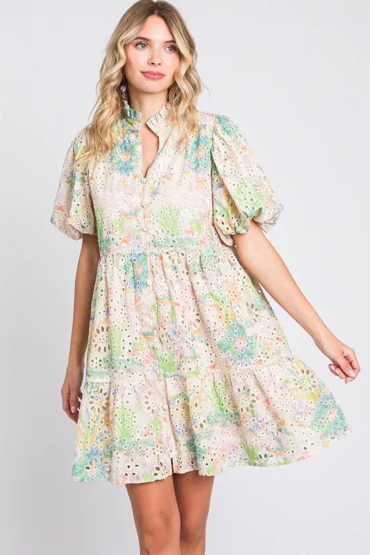 Floral Eyelet Lace Puff Sleeve Mini Dress - Green Multicolor