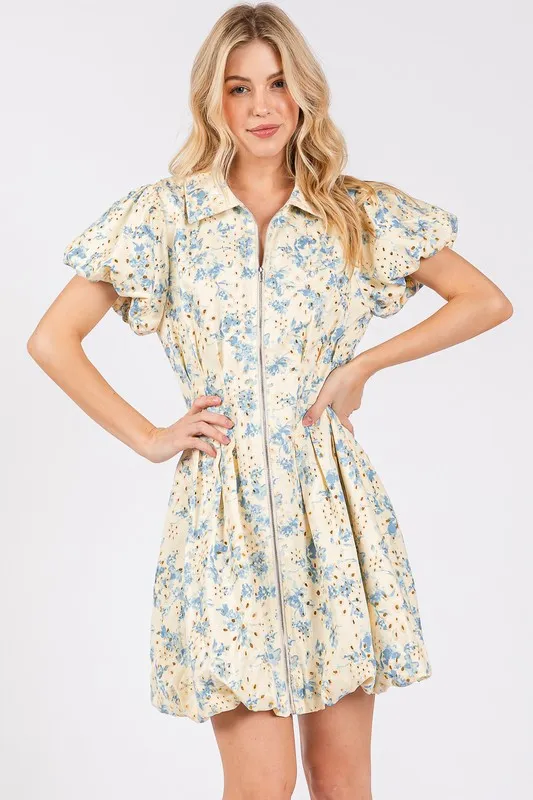 Floral Eyelet Zipper Front Puff Sleeve Mini Dress -  Pastel  Blue