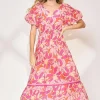 Floral Notched Puff Sleeve Midi Dress - Fuchsia Pink