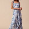 Floral Print Flowy Maxi Dress with Lace Ribbon Tie - Off White/Blue