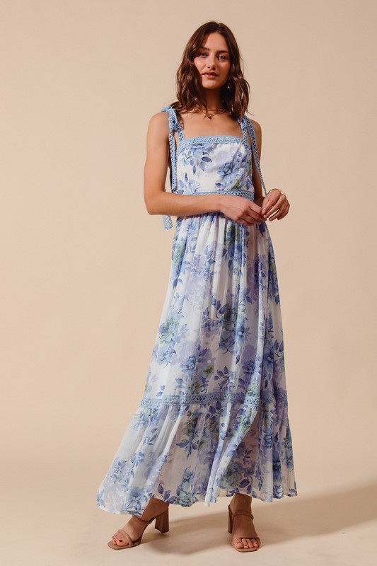 Floral Print Flowy Maxi Dress with Lace Ribbon Tie - Off White/Blue