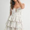 Floral Print Shoulder Tie Layered Mini Dress - Off White