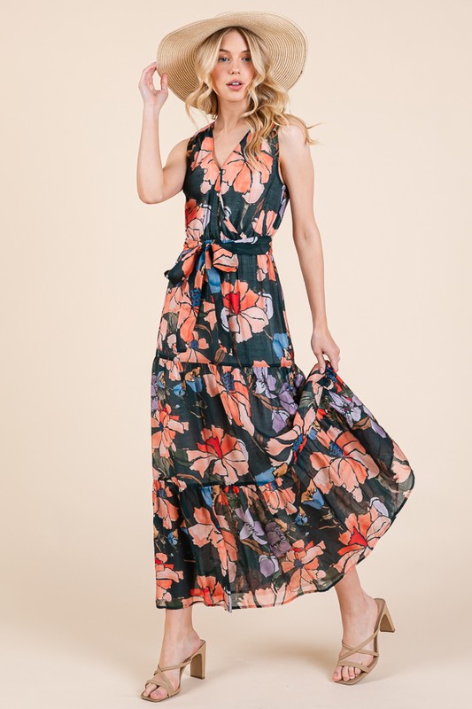 Floral-Print-Sleeveless-Tie-Waist-Maxi-Dress-Multi Floral Print Sleeveless Tie Waist Maxi Dress - Multi