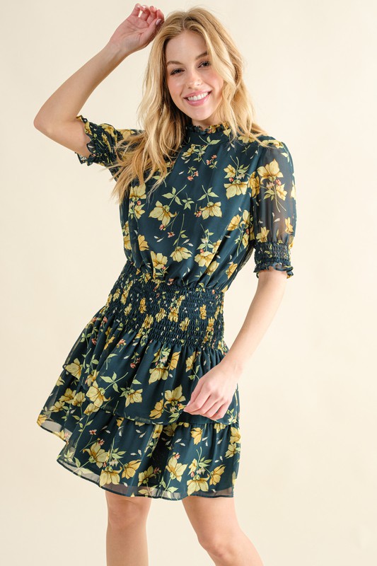 Floral Print Smocked Waist Mini Dress - Hunter Green