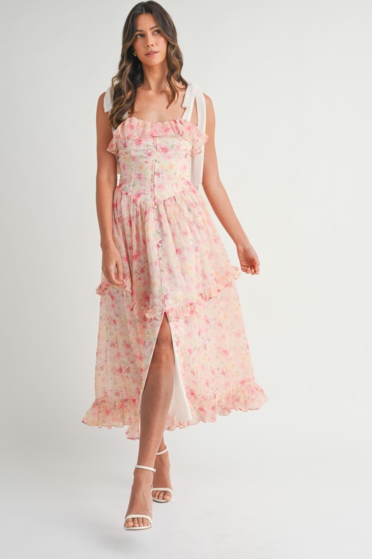 Floral-Printed-Shoulder-Strap-Midi-Dress-Pink Floral Printed Shoulder Strap Midi Dress - Pink