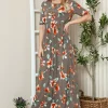 Floral Round Neck Short Sleeve Maxi Tee Dress - Coffee Brown