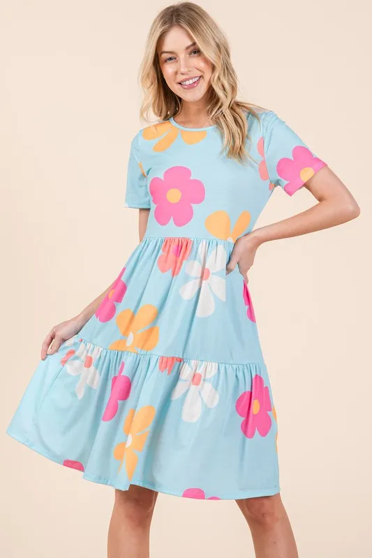 Floral Round Neck Short Sleeve Tiered Dress -  Pastel  Blue