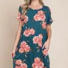 Floral Round Neck Short Tee Dress with Pockets - French Blue