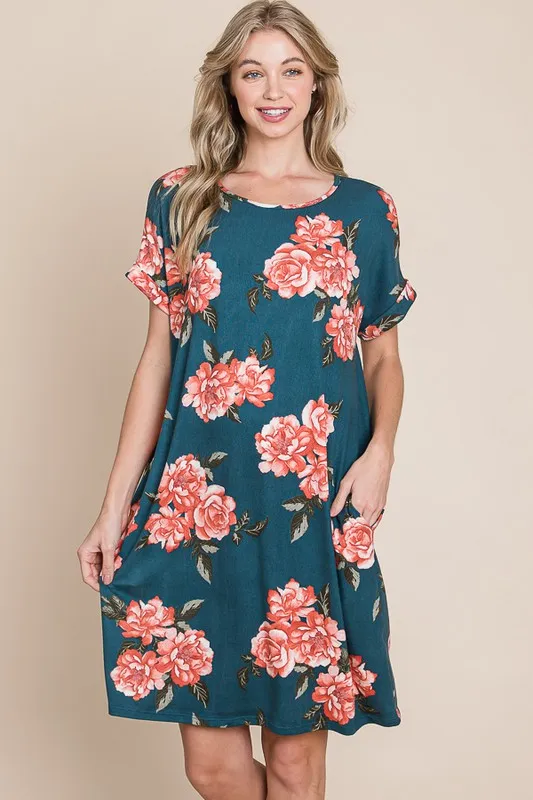 Floral Round Neck Short Tee Dress with Pockets - French Blue