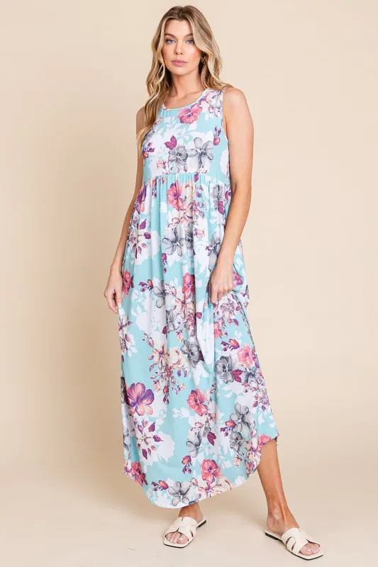 Floral Round Neck Sleeveless Maxi Dress with Pockets -  Pastel  Blue