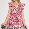 Floral Ruffled Cap Sleeve Tiered Dress - Deep Rose