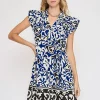 Floral Ruffled Cap Sleeve Tiered Dress - Navy