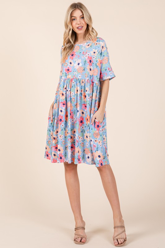 Floral Shirred Dress with Pockets - As Shown