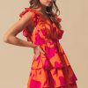Floral V Neck Layered Dress with Elasticized Waist - Orange/Fuchsia