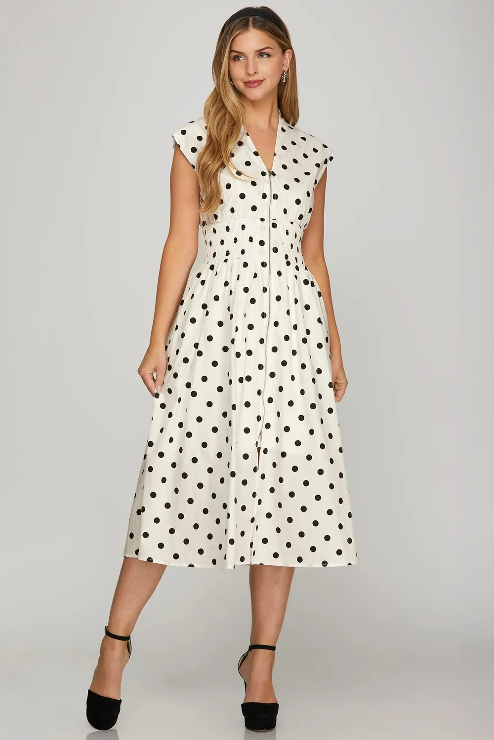 Front Zip Polka Dots Cap Sleeve Midi Dress - Off White