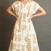 Full Size Abstract Print Elastic Waist Midi Dress Plus Size - Tan
