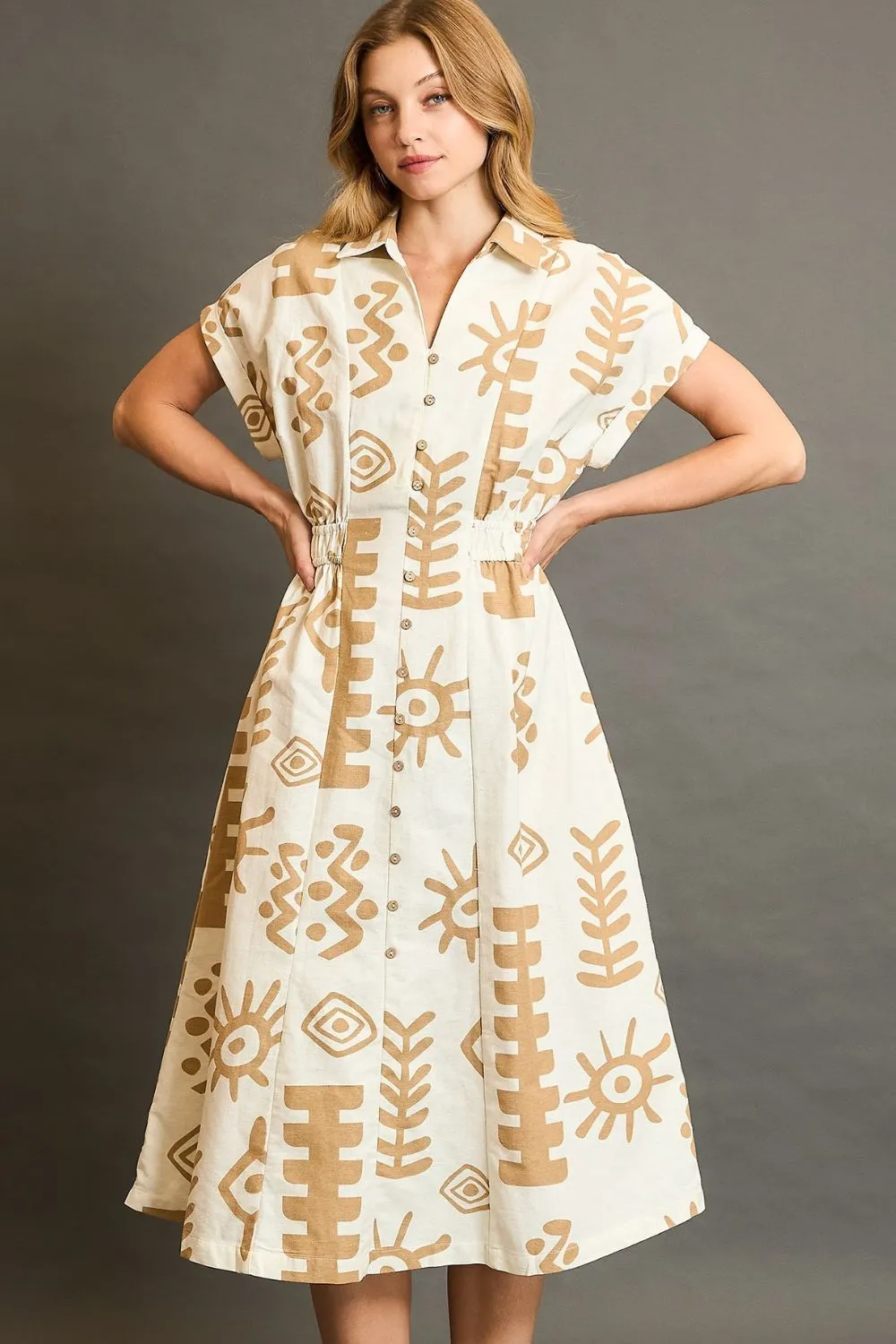 Full Size Abstract Print Elastic Waist Midi Dress Plus Size - Tan