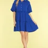 Full Size Button Front Frill Tiered Mini Dress Plus Size - Dark Blue