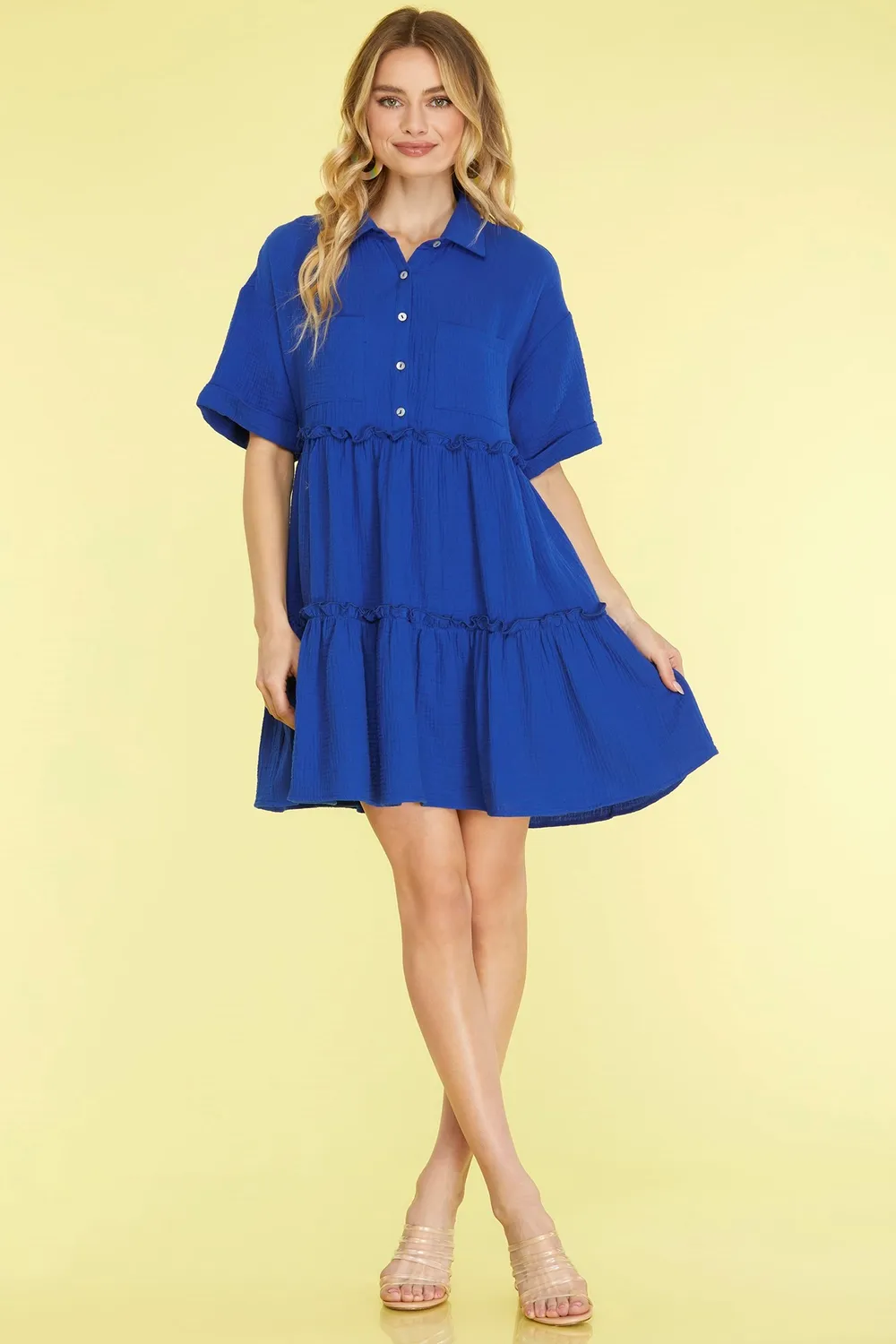 Full Size Button Front Frill Tiered Mini Dress Plus Size - Dark Blue