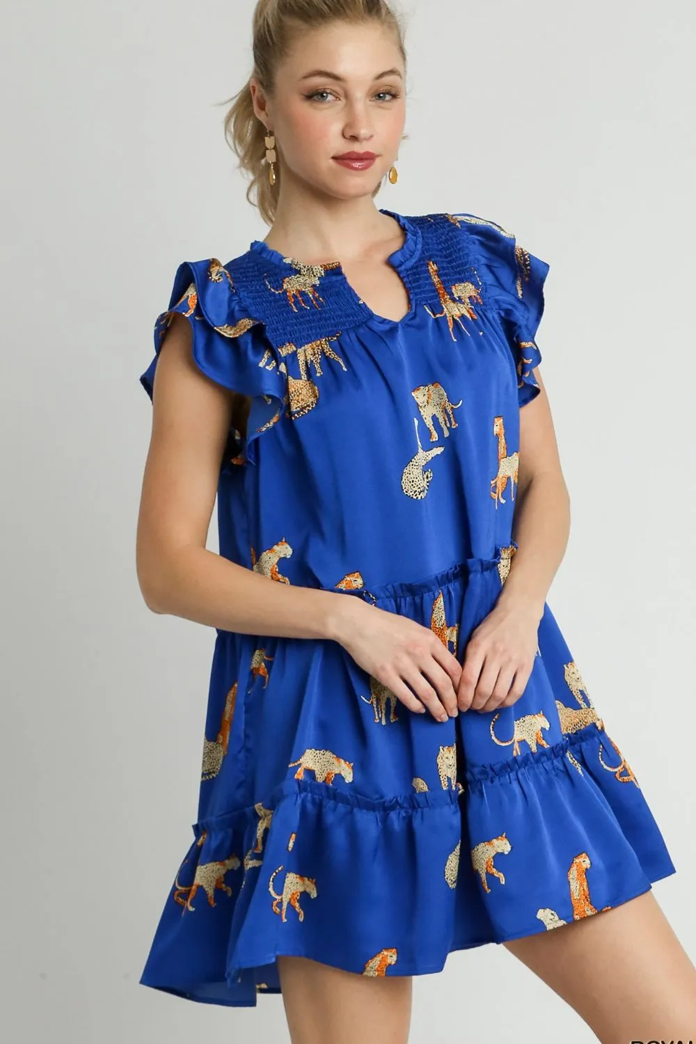 Full Size Cheetah Print Notched Ruffle Layered Cap Sleeve Mini Dress Plus Size - Royal Blue