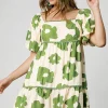 Full Size Contrast Floral Short Sleeve Mini Dress Plus Size - Lime