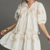 Full Size Embroidered Puff Sleeve Babydoll Dress Plus Size - Off White