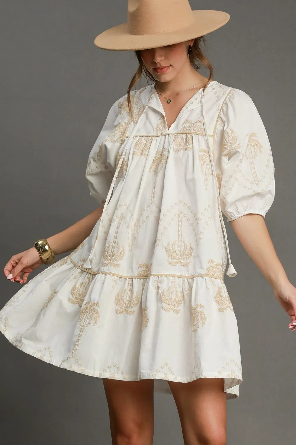 Full Size Embroidered Puff Sleeve Babydoll Dress Plus Size - Off White