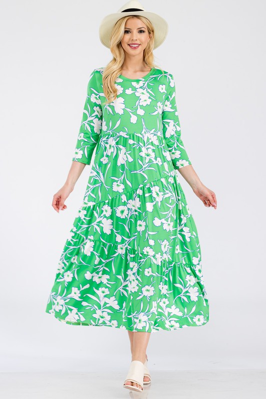Full Size Floral Print Asymmetric Tiered Midi-Dress Plus Size - Green Floral